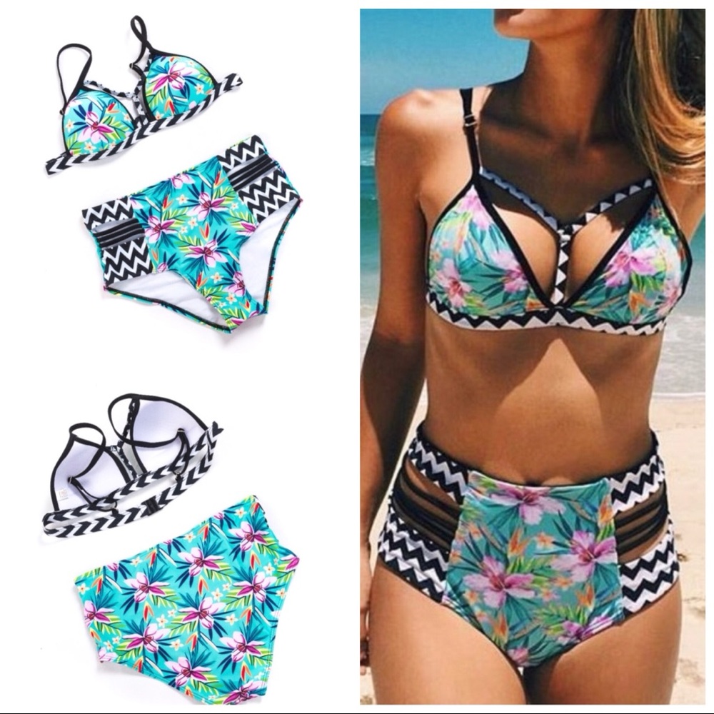 5⭐️Boho High Waist Floral Strap Green - Bikini